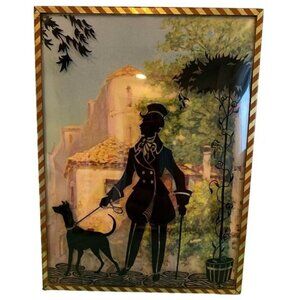 Vintage Reverse Painted Silhouette Wall Art Man 6x8 Dog Glass Frame